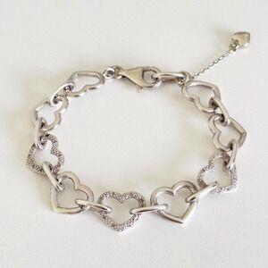 925 Sterling Silver Vintage Genuine Diamond Accented Heart Link Bracelet 7"